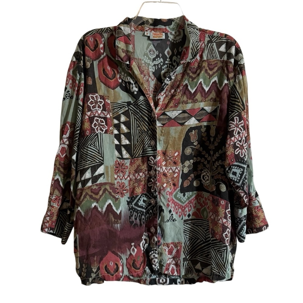 Vintage Tianello Soul of Africa Patchwork Aida Blouse Shirt 3/4 Sleeve V-neck M